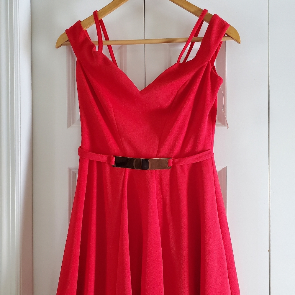 Red dress with gold buckle detail
